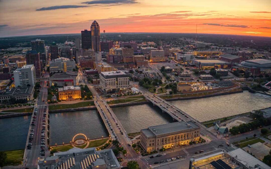 An aerial view of downtown Des Moines